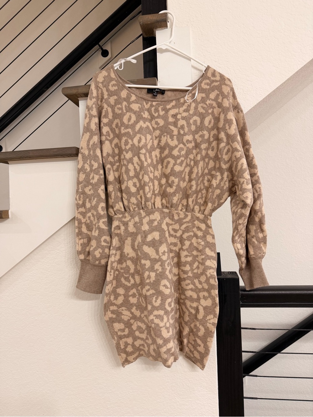 Lulu's Beige Leopard Print Knit Sweater Dress